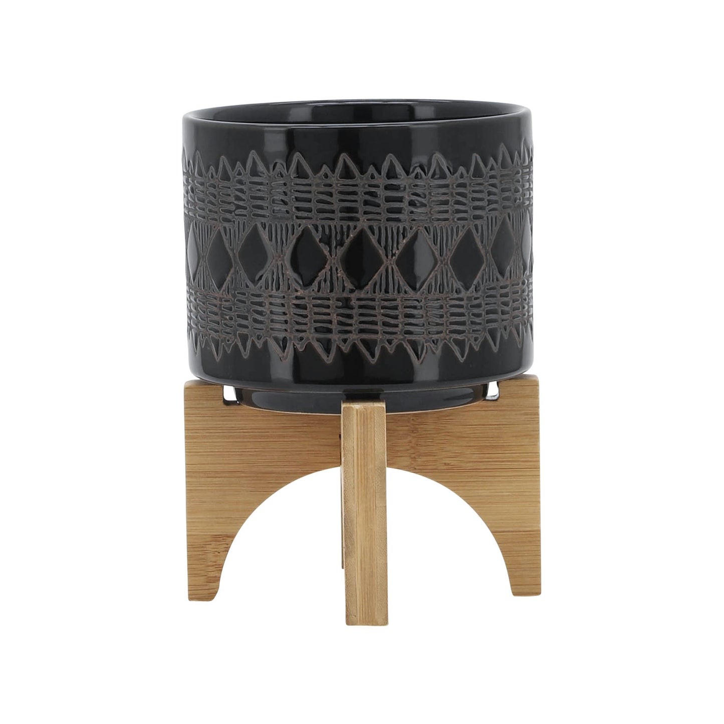 Ceramic 5" Aztec Planter On Wooden Stand, Black