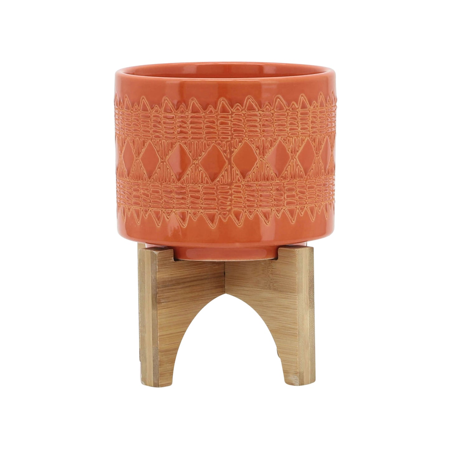 Ceramic 5" Aztec Planter On Wooden Stand, Orange & White