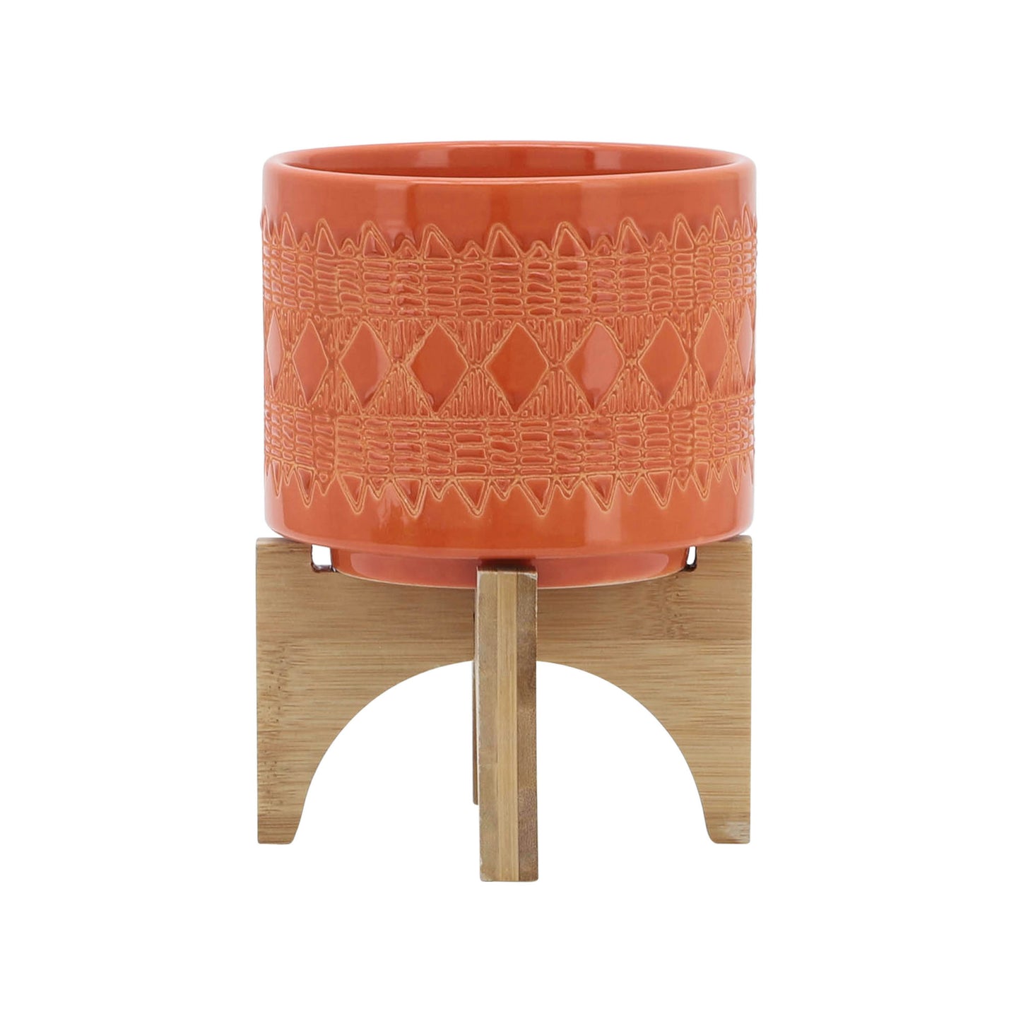 Ceramic 5" Aztec Planter On Wooden Stand, Orange & White