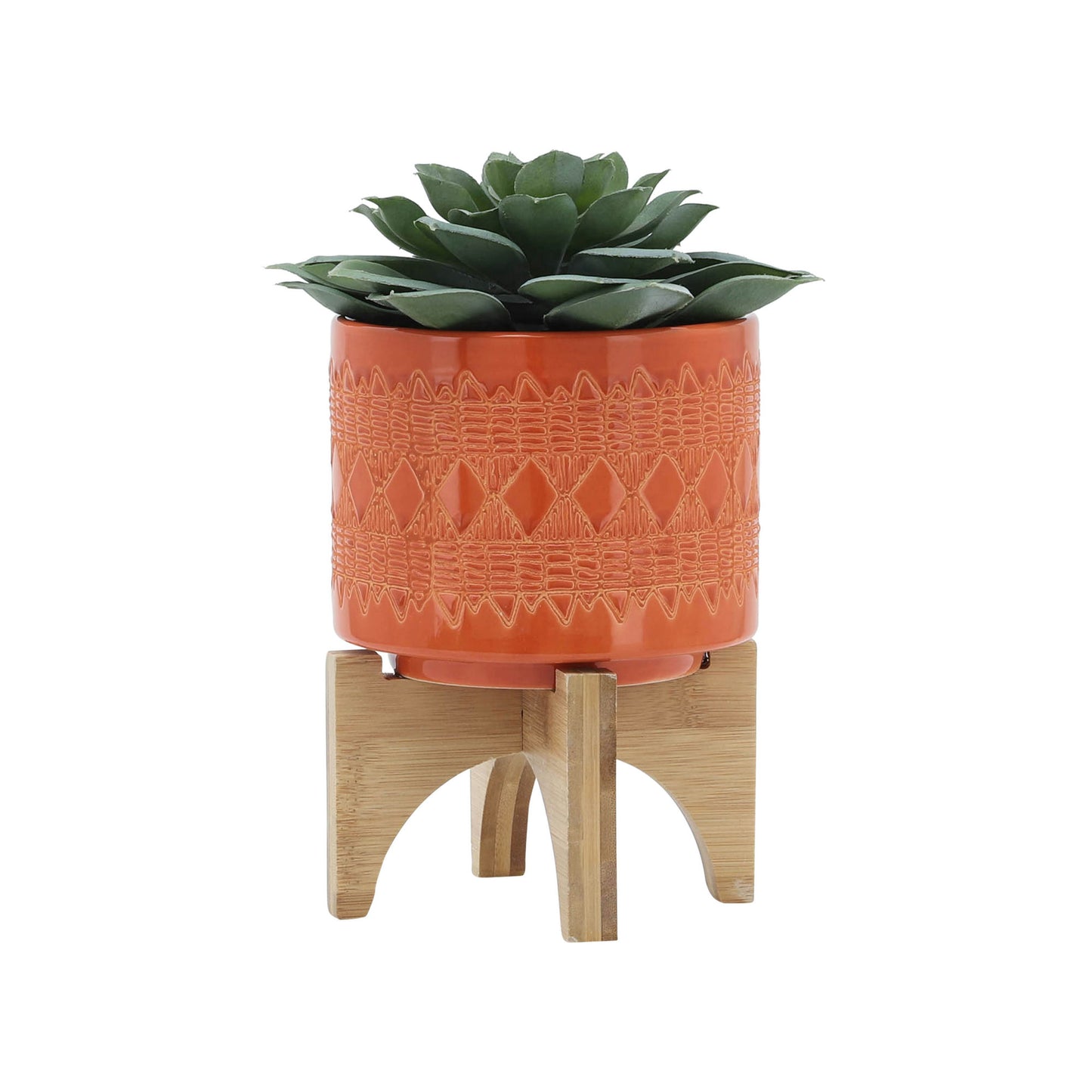 Ceramic 5" Aztec Planter On Wooden Stand, Orange & White