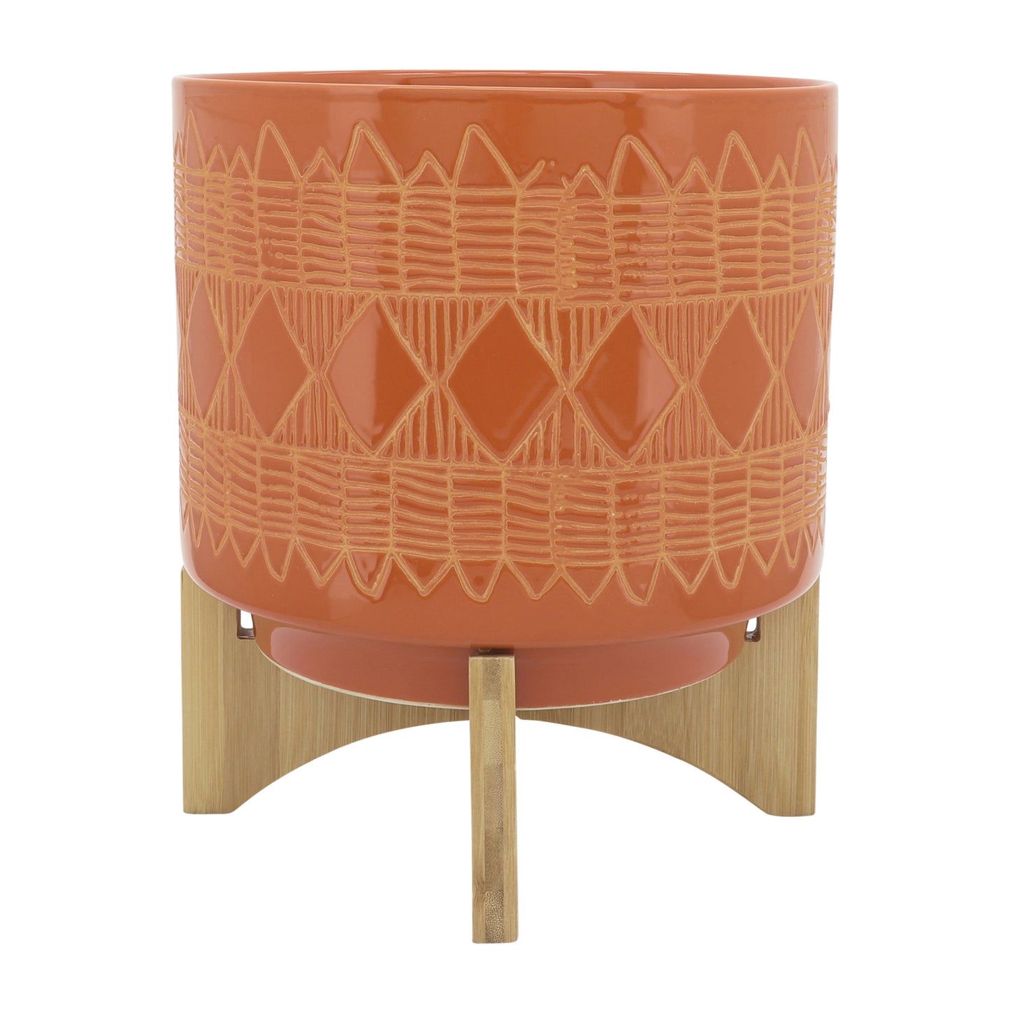 Ceramic 10" Aztec Planter On Wooden Stand, Orange