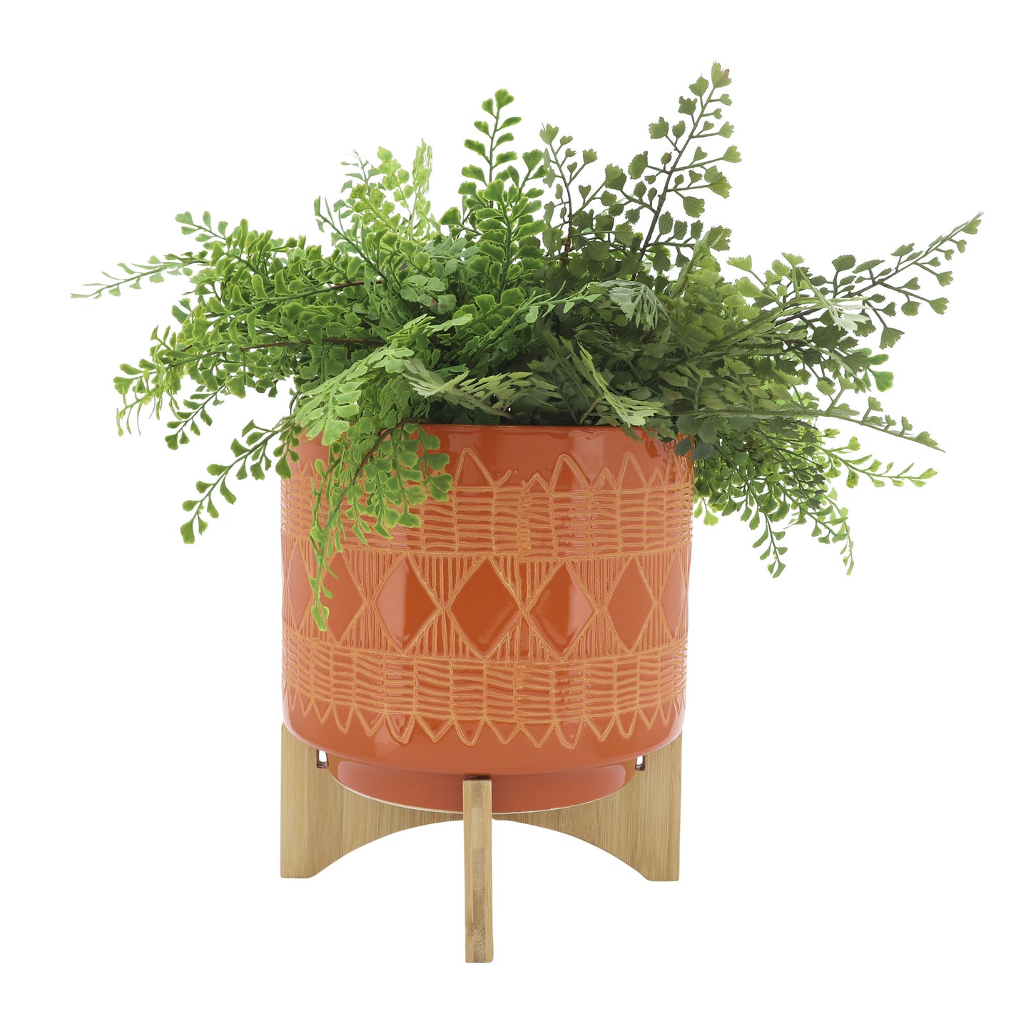 Ceramic 10" Aztec Planter On Wooden Stand, Orange