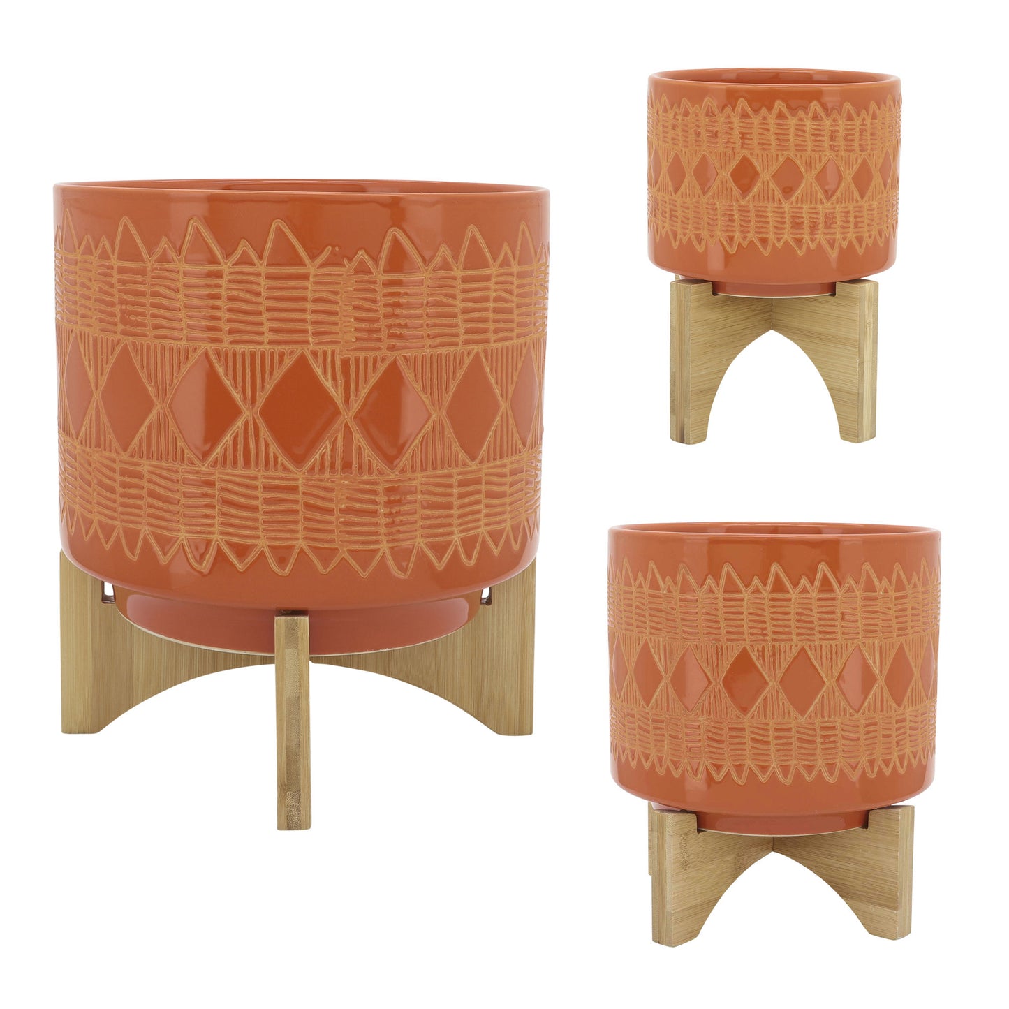 Ceramic 10" Aztec Planter On Wooden Stand, Orange