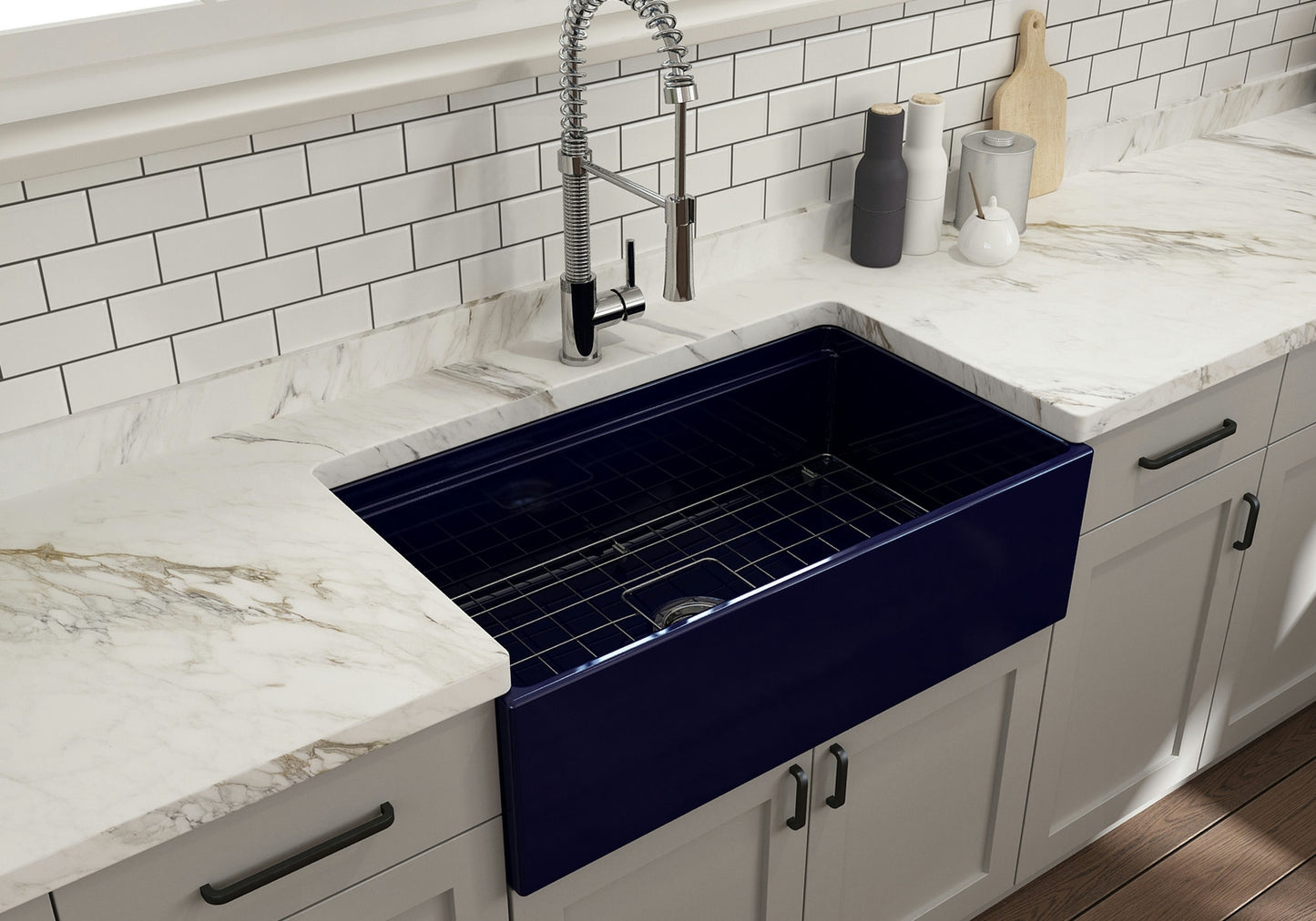 Contempo Step-Rim Apron Front Fireclay 33" Single Bowl Kitchen Sink in Blue