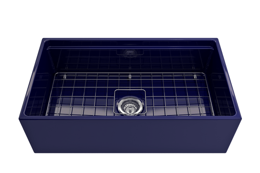 Contempo Step-Rim Apron Front Fireclay 33" Single Bowl Kitchen Sink in Blue