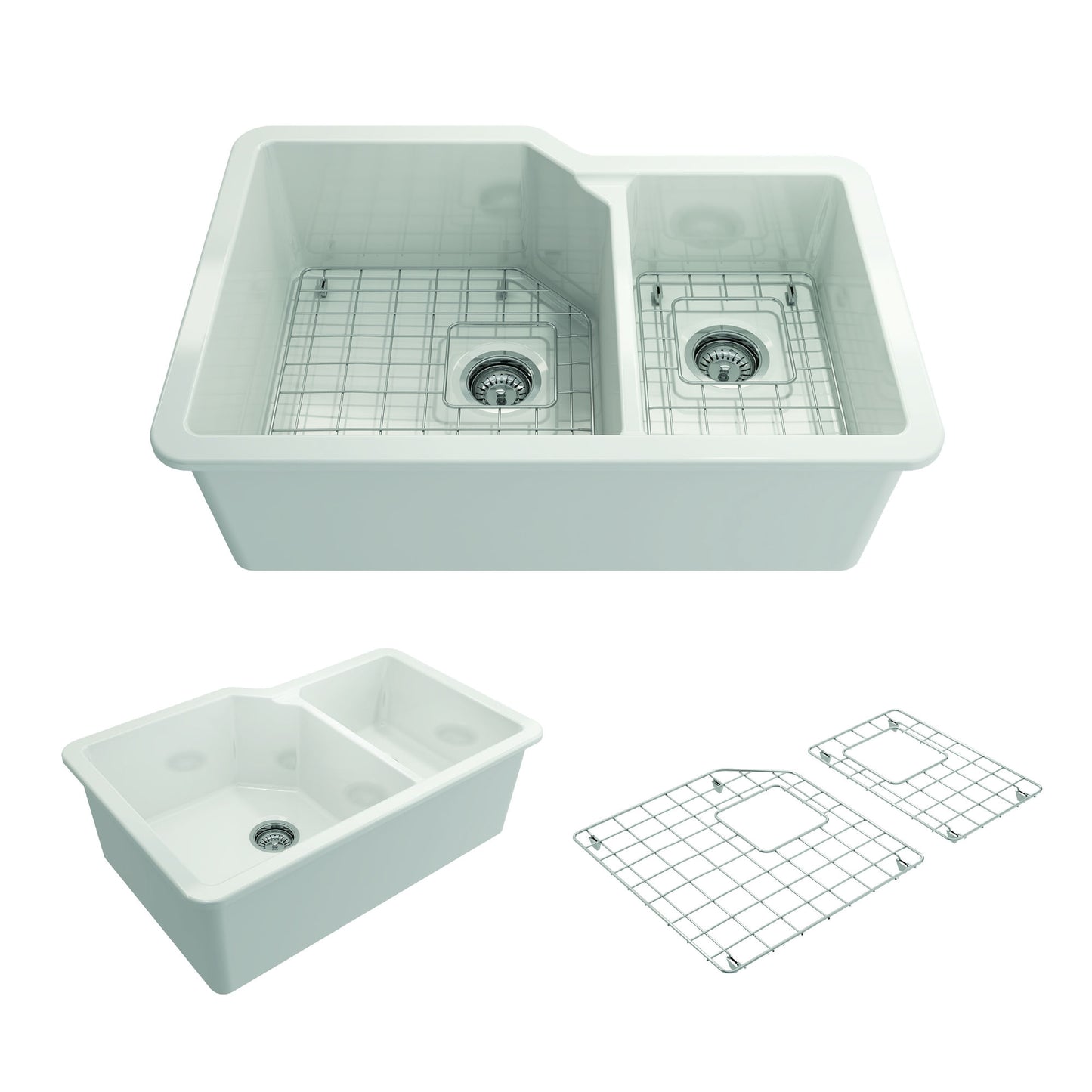 Sotto Dual-Mount Fireclay 33" 60/40 Double Bowl Kitchen Sink in White