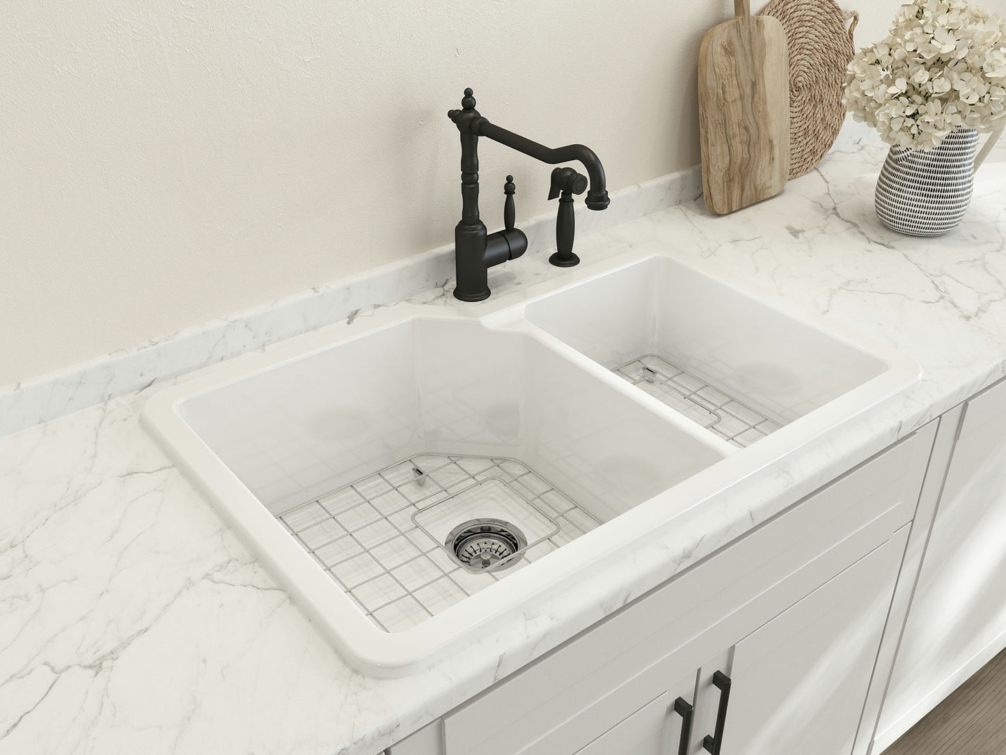 Sotto Dual-Mount Fireclay 33" 60/40 Double Bowl Kitchen Sink in White