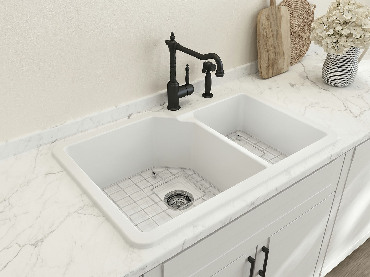 Sotto Dual-Mount Fireclay 33" 60/40 Double Bowl Kitchen Sink in Matte White