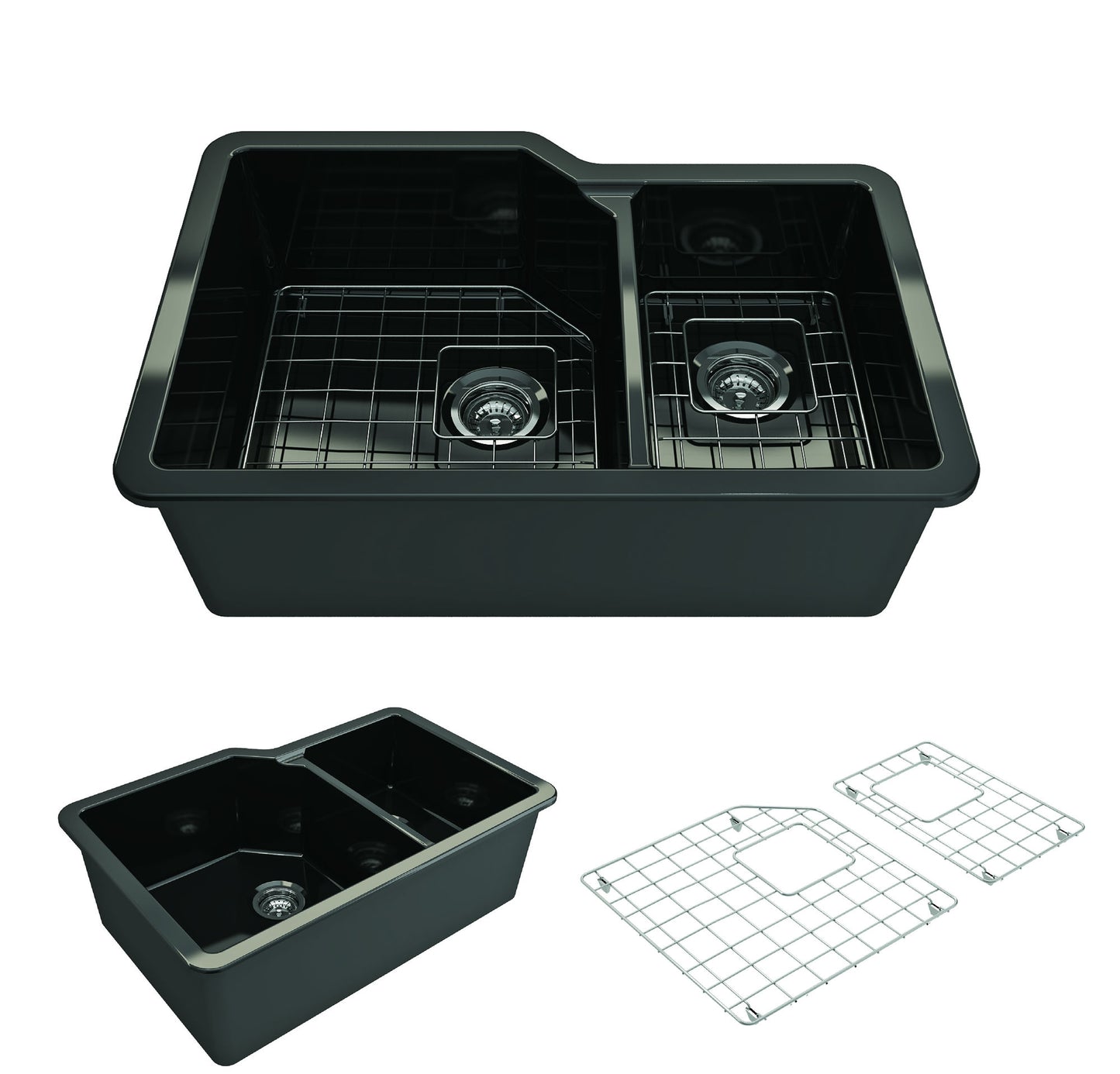 Sotto Dual-Mount Fireclay 33" 60/40 Double Bowl Kitchen Sink in Black