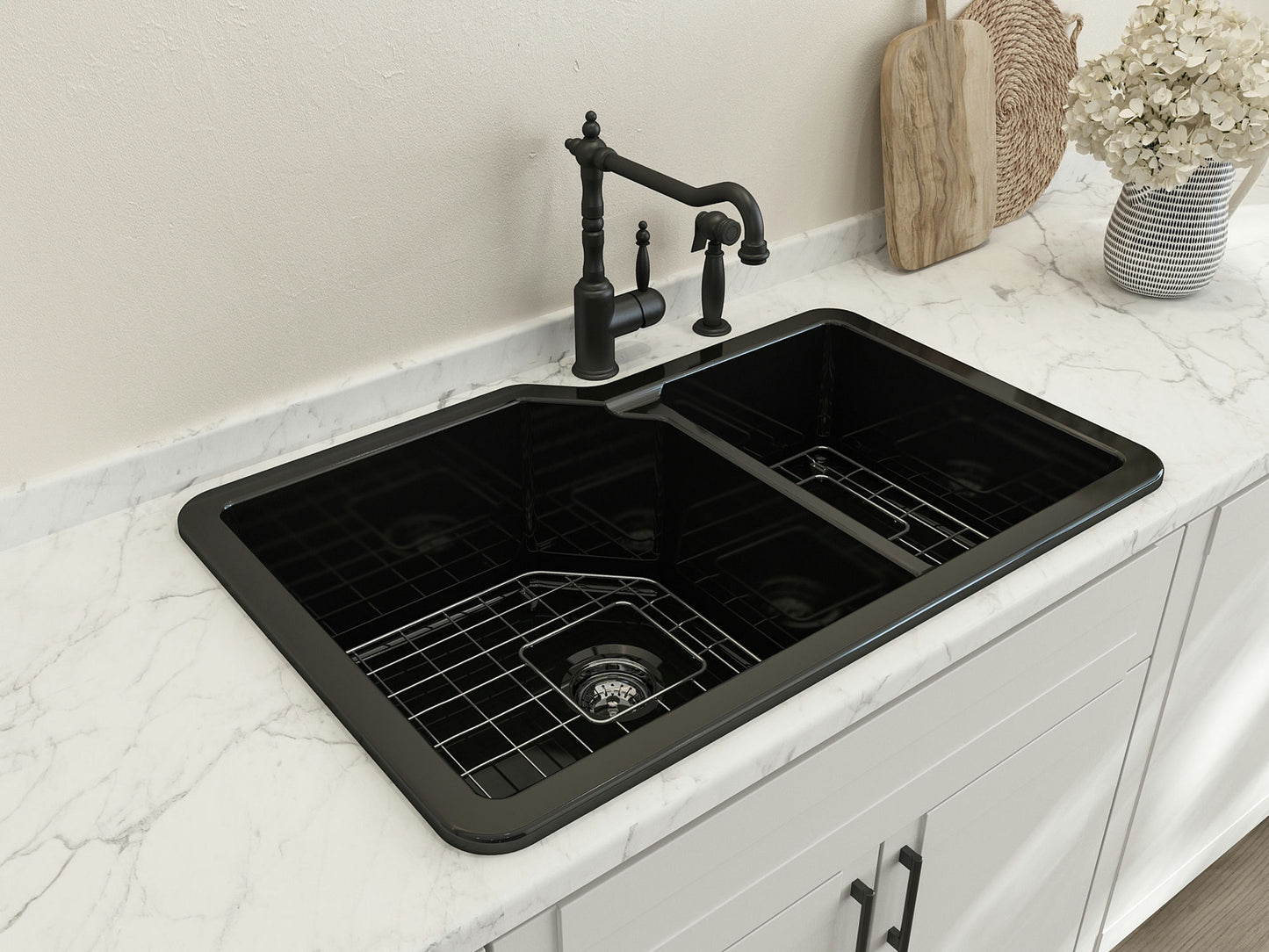 Sotto Dual-Mount Fireclay 33" 60/40 Double Bowl Kitchen Sink in Black