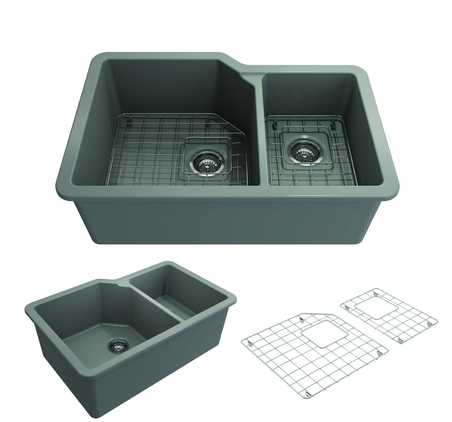 Sotto Dual-Mount Fireclay 33" 60/40 Double Bowl Kitchen Sink in Matte Gray