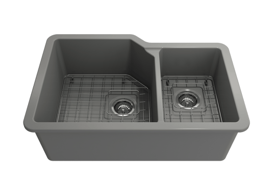 Sotto Dual-Mount Fireclay 33" 60/40 Double Bowl Kitchen Sink in Matte Gray