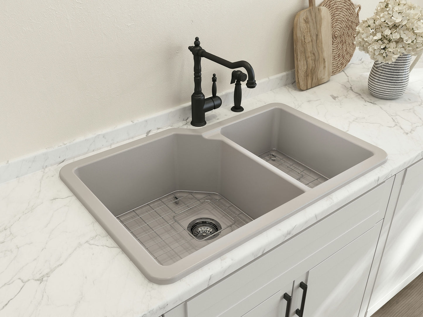 Sotto Dual-Mount Fireclay 33" 60/40 Double Bowl Kitchen Sink in Matte Gray