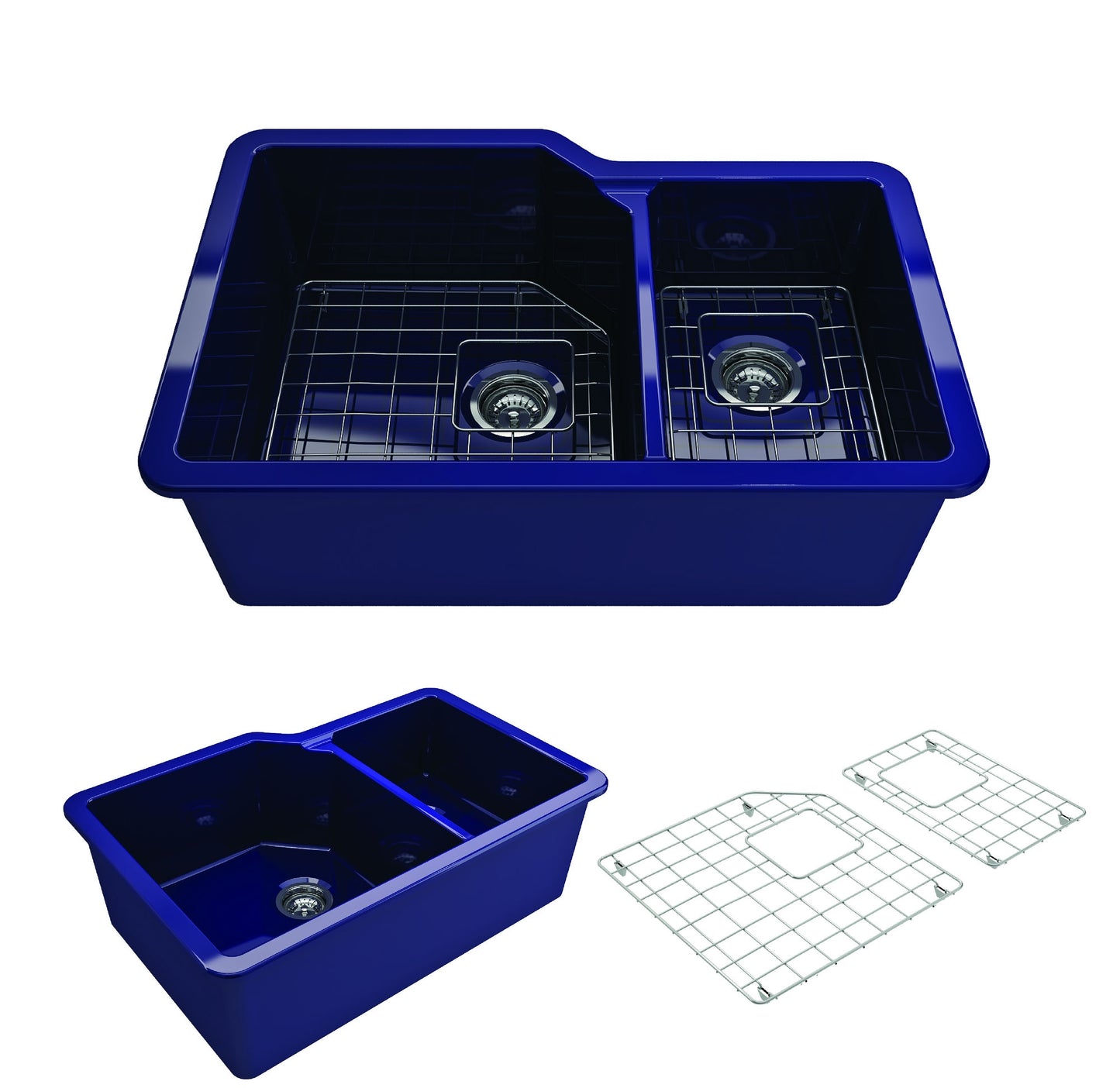 Sotto Dual-Mount Fireclay 33" 60/40 Double Bowl Kitchen Sink in Sapphire Blue