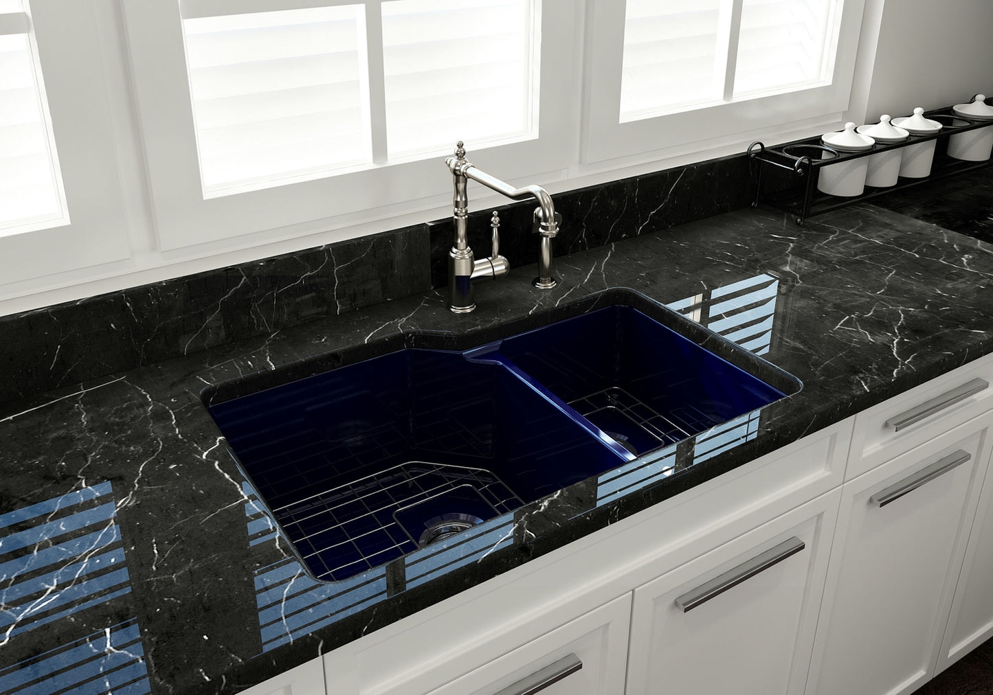 Sotto Dual-Mount Fireclay 33" 60/40 Double Bowl Kitchen Sink in Sapphire Blue