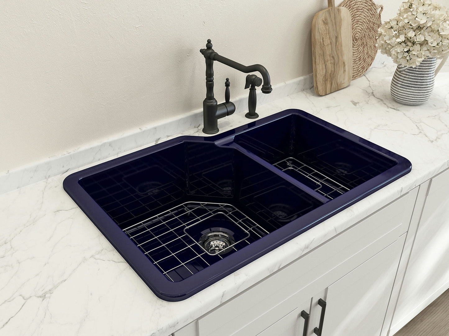 Sotto Dual-Mount Fireclay 33" 60/40 Double Bowl Kitchen Sink in Sapphire Blue