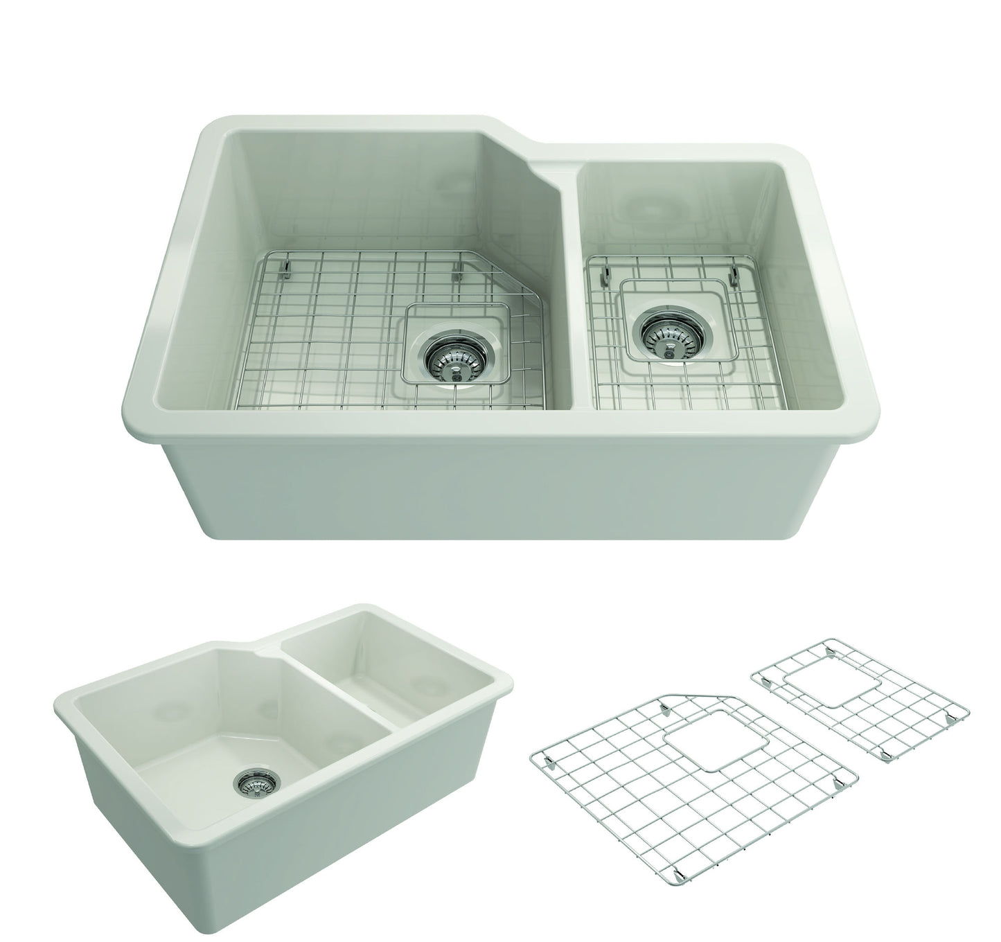 Sotto Dual-Mount Fireclay 33" 60/40 Double Bowl Kitchen Sink in Biscuit