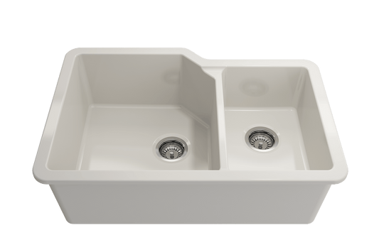 Sotto Dual-Mount Fireclay 33" 60/40 Double Bowl Kitchen Sink in Biscuit