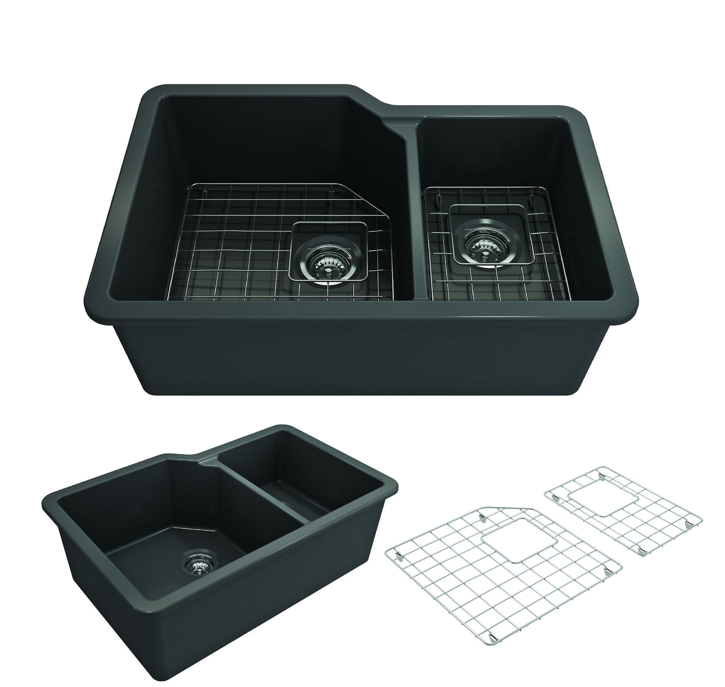 Sotto Dual-Mount Fireclay 33" 60/40 Double Bowl Kitchen Sink in Matte Dark Gray