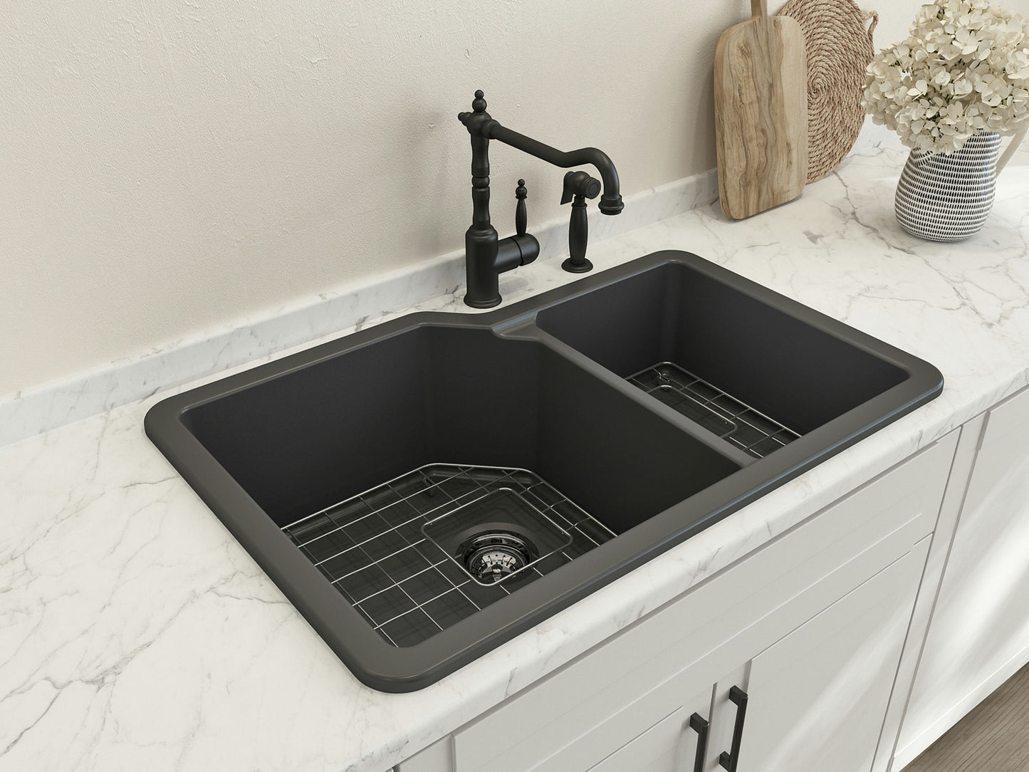 Sotto Dual-Mount Fireclay 33" 60/40 Double Bowl Kitchen Sink in Matte Dark Gray