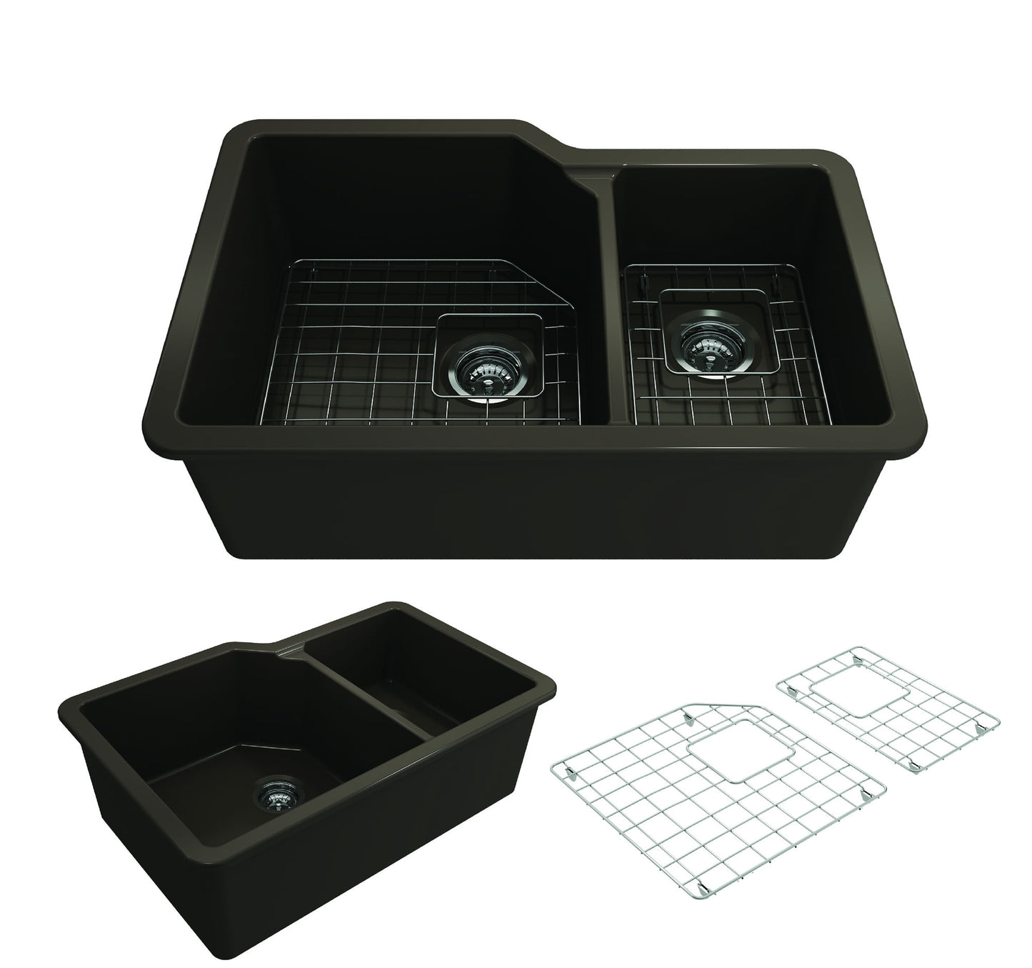 Sotto Dual-Mount Fireclay 33" 60/40 Double Bowl Kitchen Sink in Matte Brown