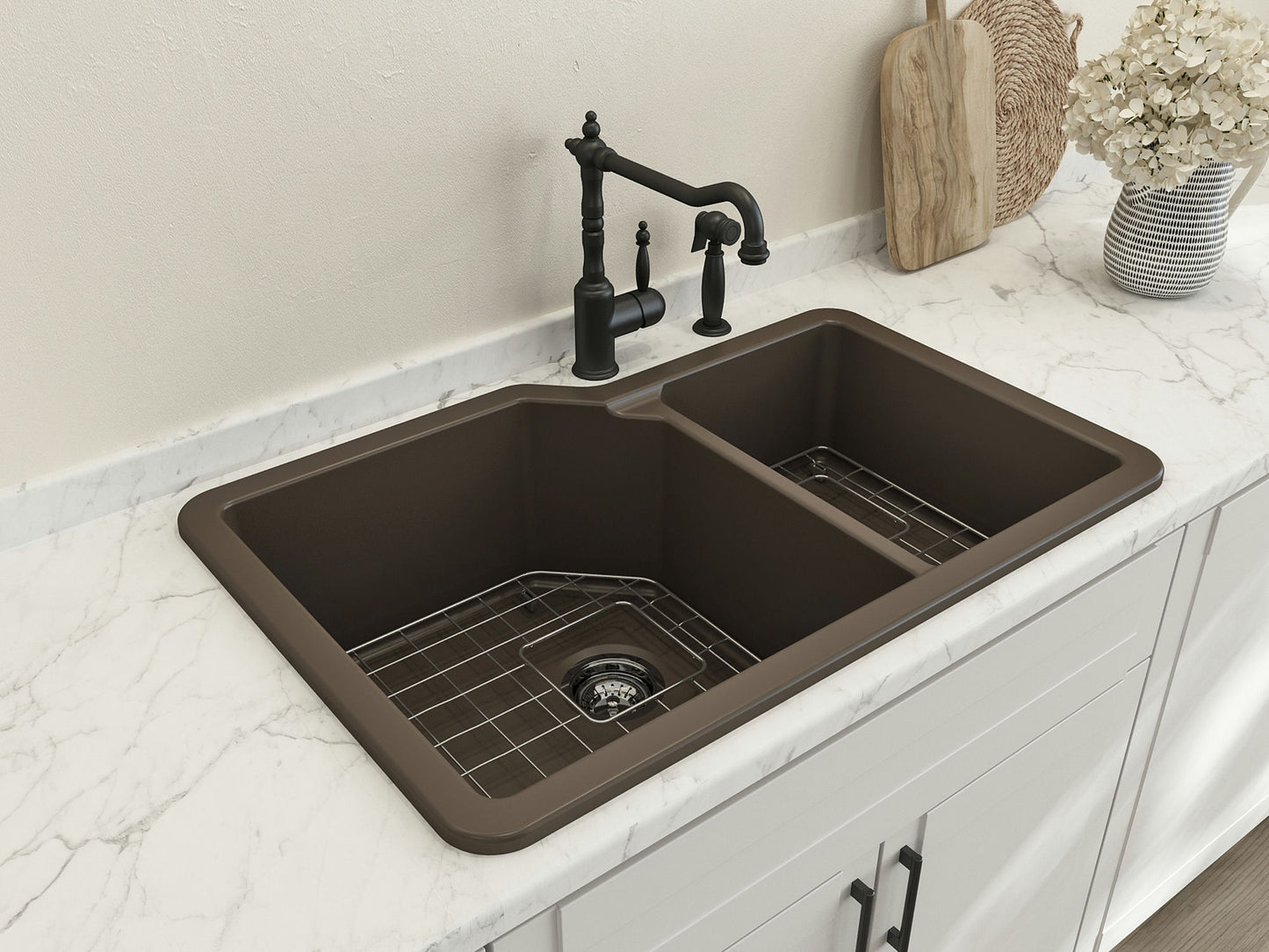 Sotto Dual-Mount Fireclay 33" 60/40 Double Bowl Kitchen Sink in Matte Brown