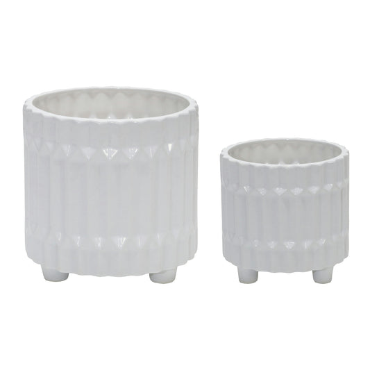 S/2 Ceramic Fluted Planter W/ Feet 6/8", White