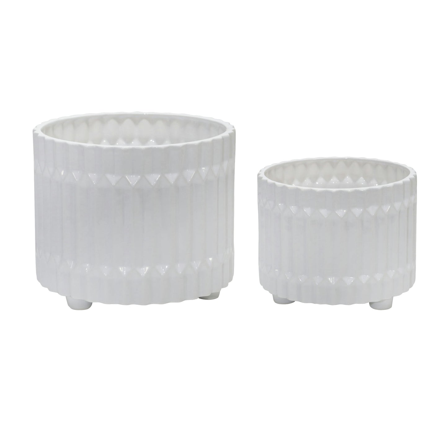 S/2 Ceramic Fluted Planter W/ Feet 10/12" , White