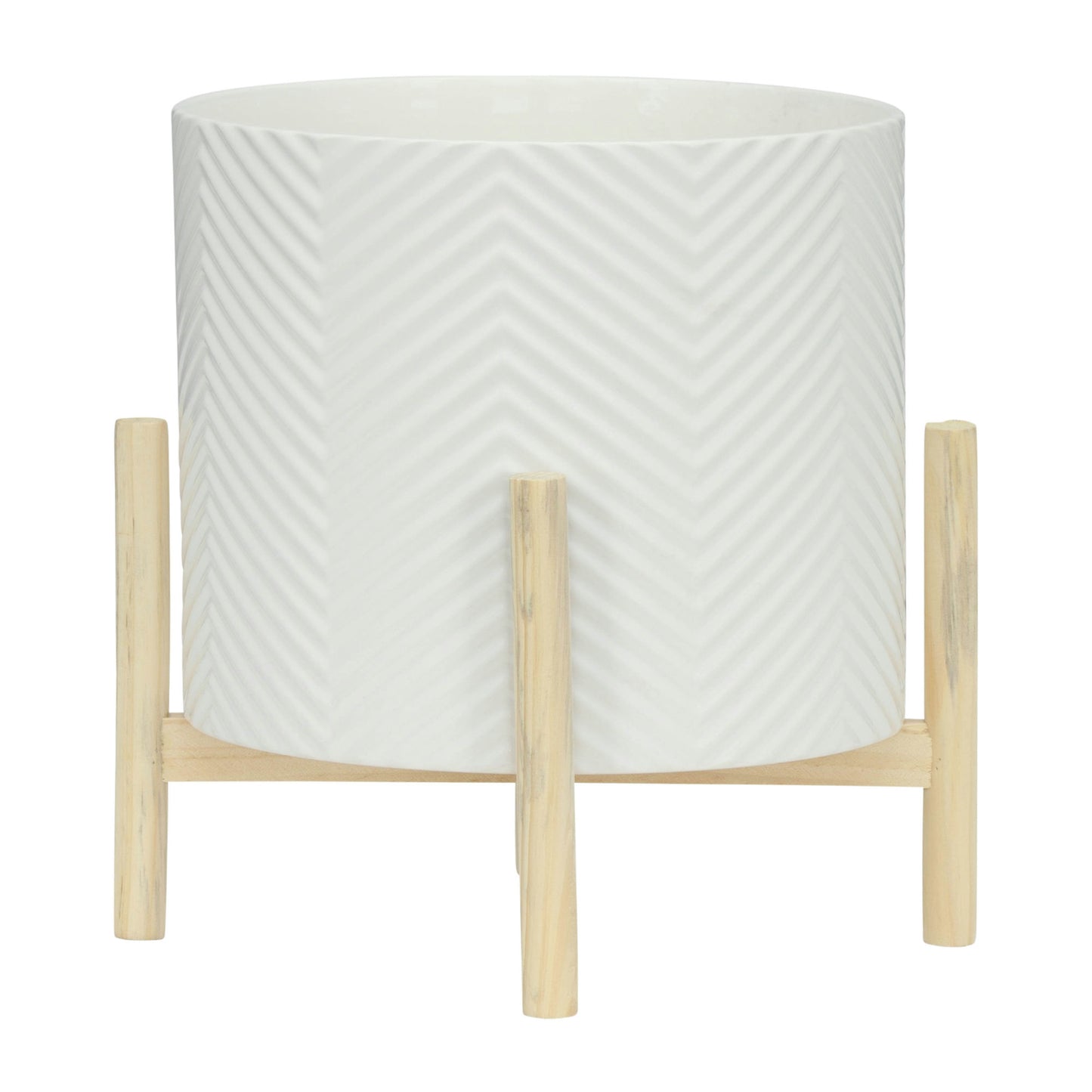 12" Ceramic Chevron Planter W/ Wood Stand, White