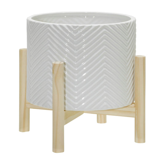 8" Ceramic Chevron Planter W/ Wood Stand, White