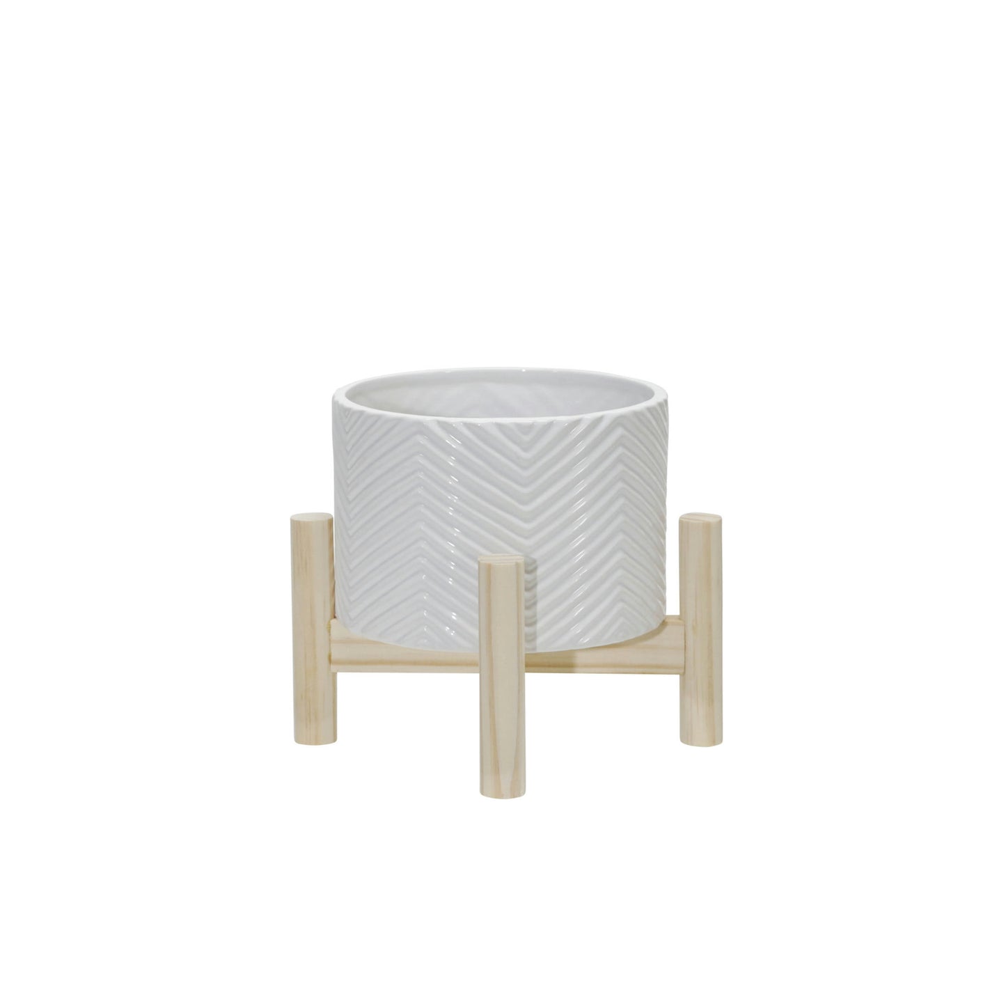 6" Ceramic Chevron Planter W/ Wood Stand, White