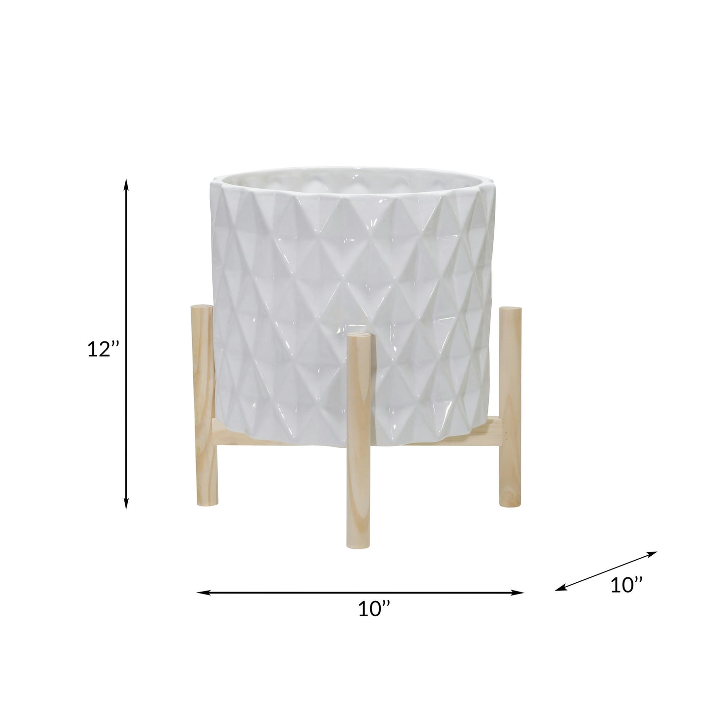 12" Ceramic Diamond Planter W/ Wood Stand, White