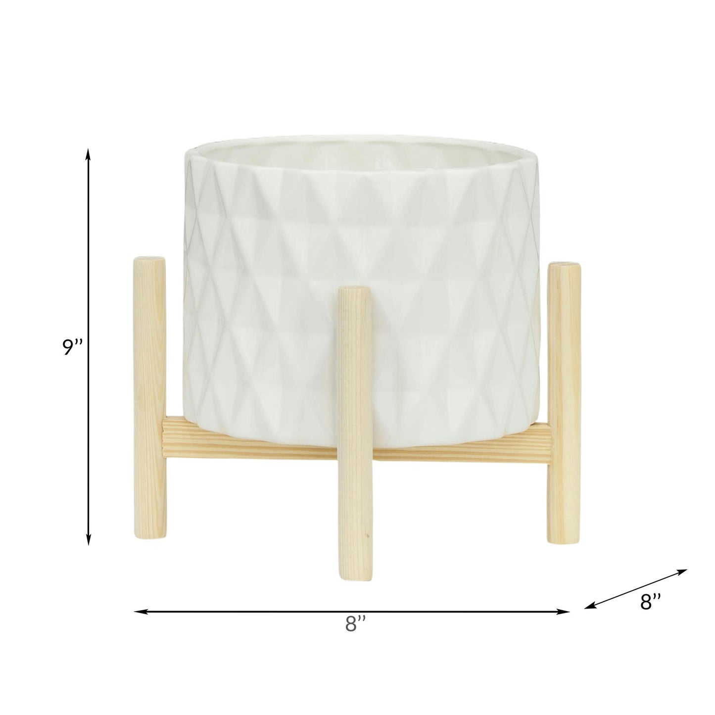 8" Ceramic Diamond Planter W/ Wood Stand, White