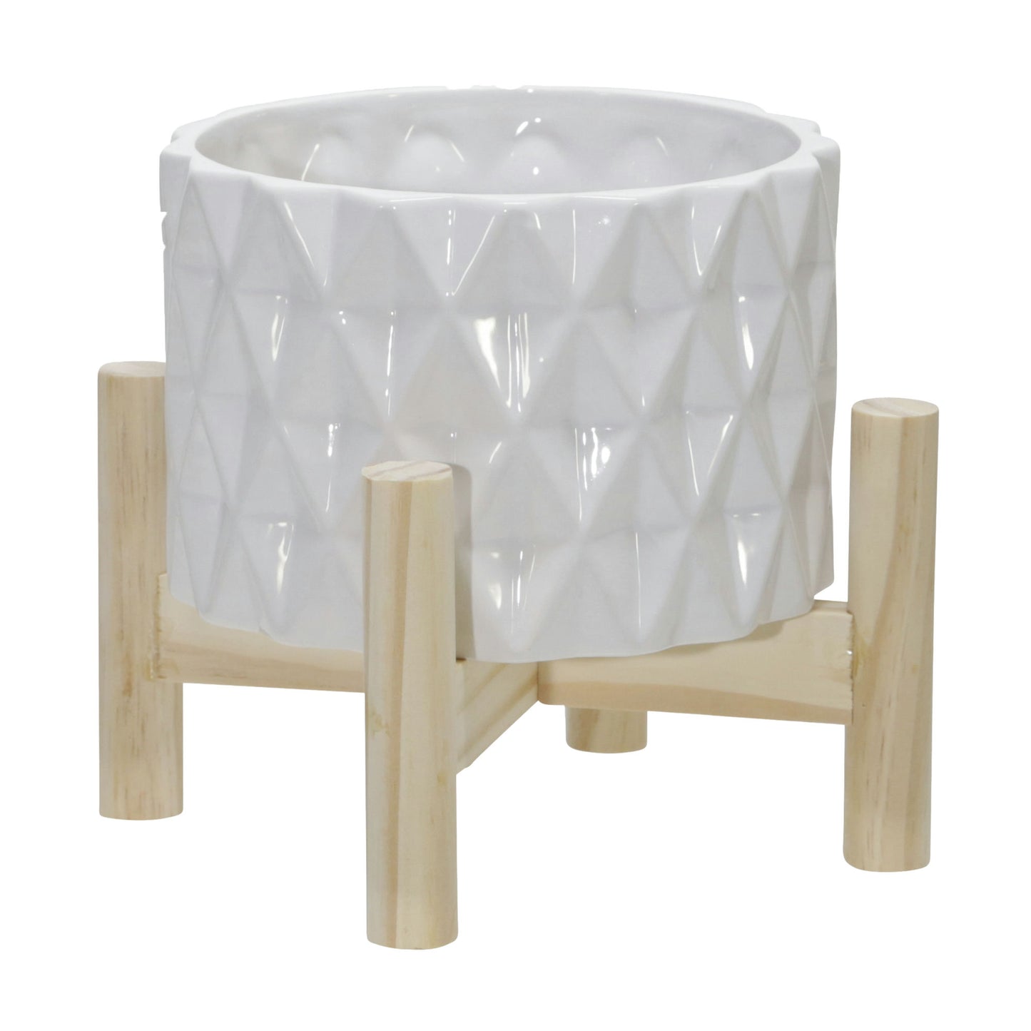 6" Ceramic Diamond Planter W/ Wood Stand, White