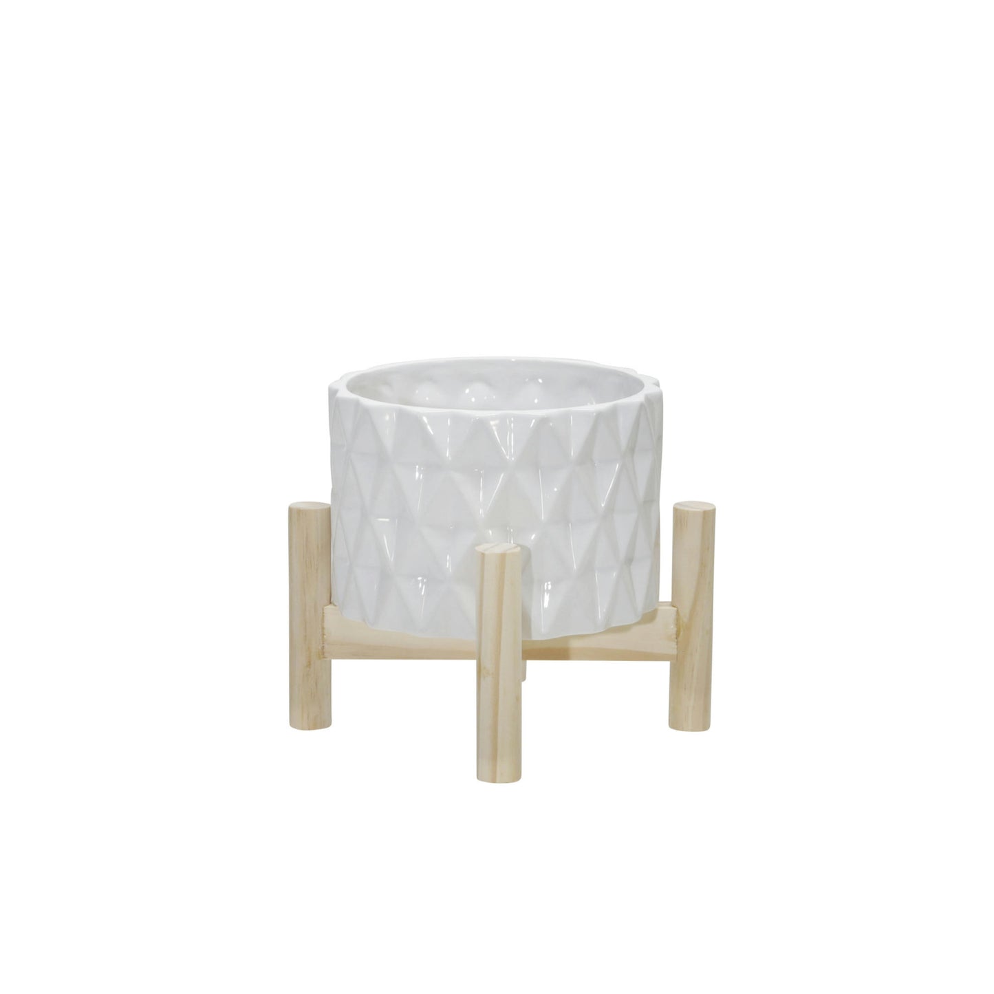 6" Ceramic Diamond Planter W/ Wood Stand, White