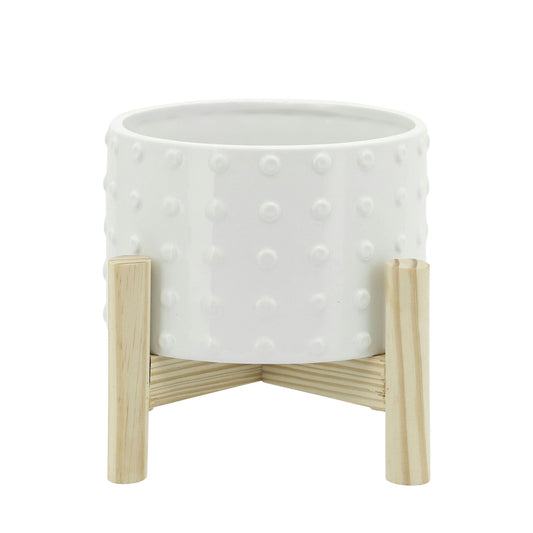 6" Ceramic Dotted Planter W/ Wood Stand, White