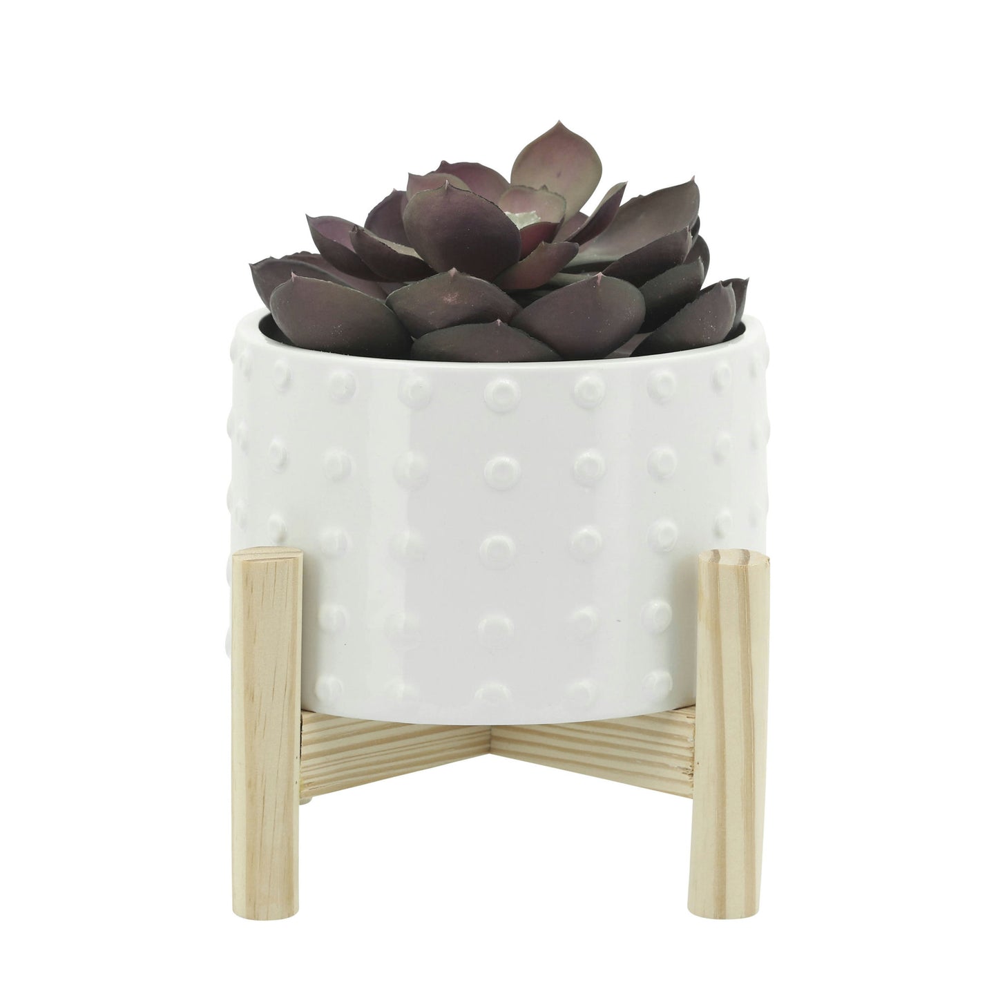 6" Ceramic Dotted Planter W/ Wood Stand, White