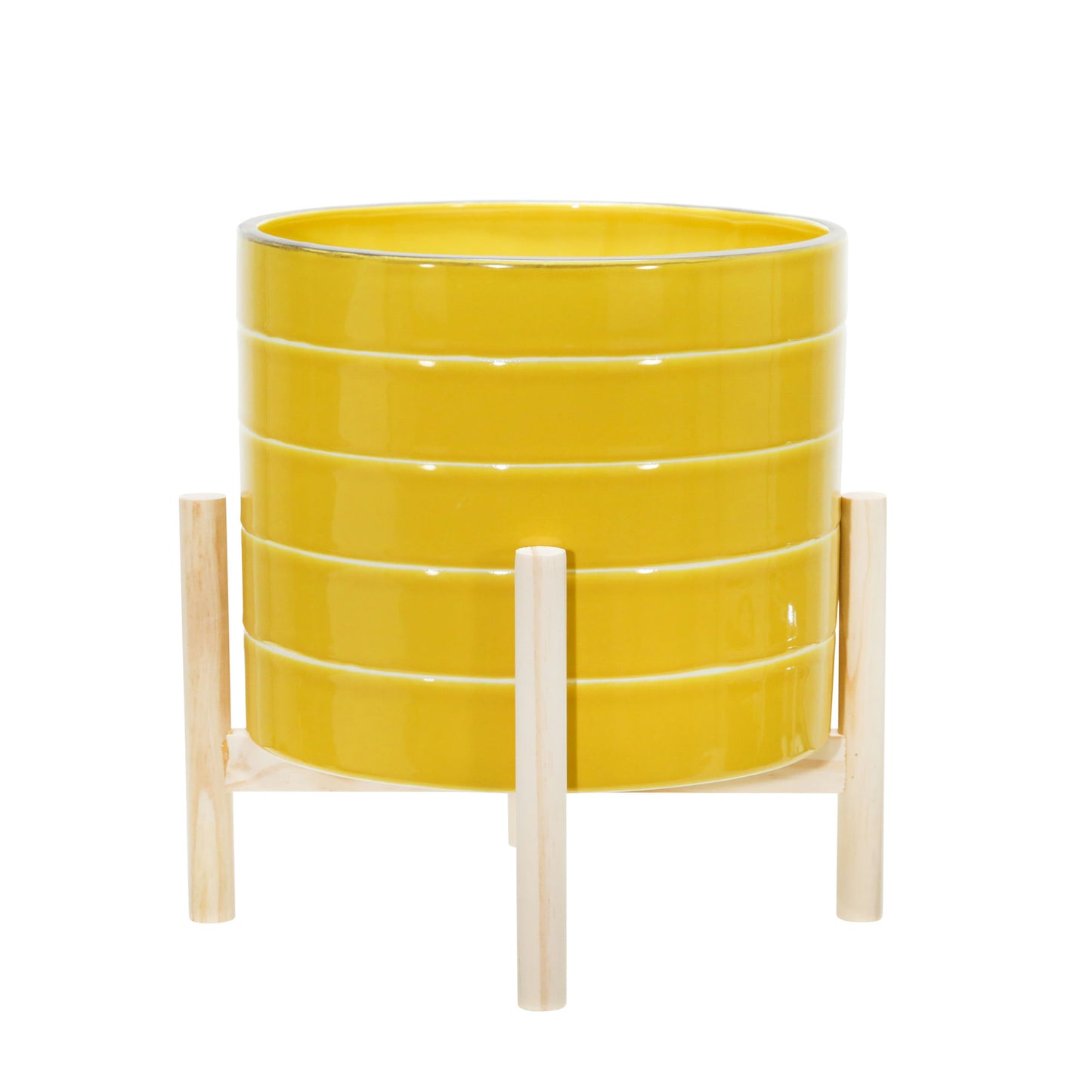 12" Ceramic Striped Planter W/ Wood Stand, Yellow