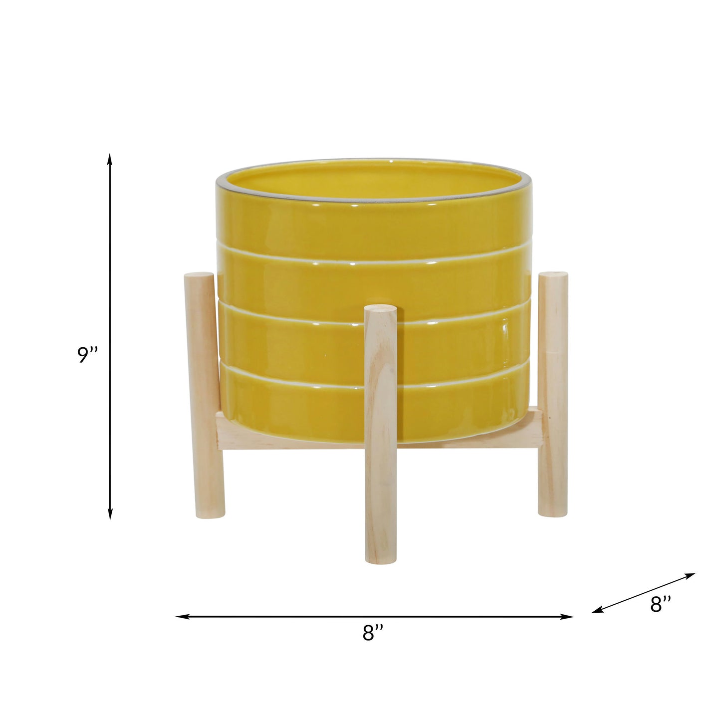 8" Ceramic Striped Planter W/ Wood Stand, Yellow