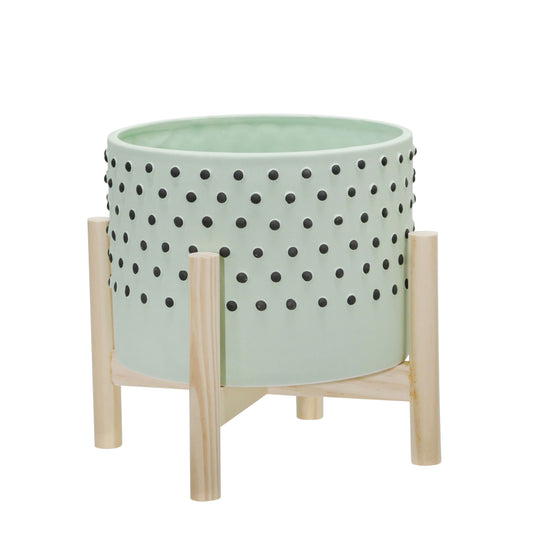 8" Ceramic Dotted Planter W/ Wood Stand, Green