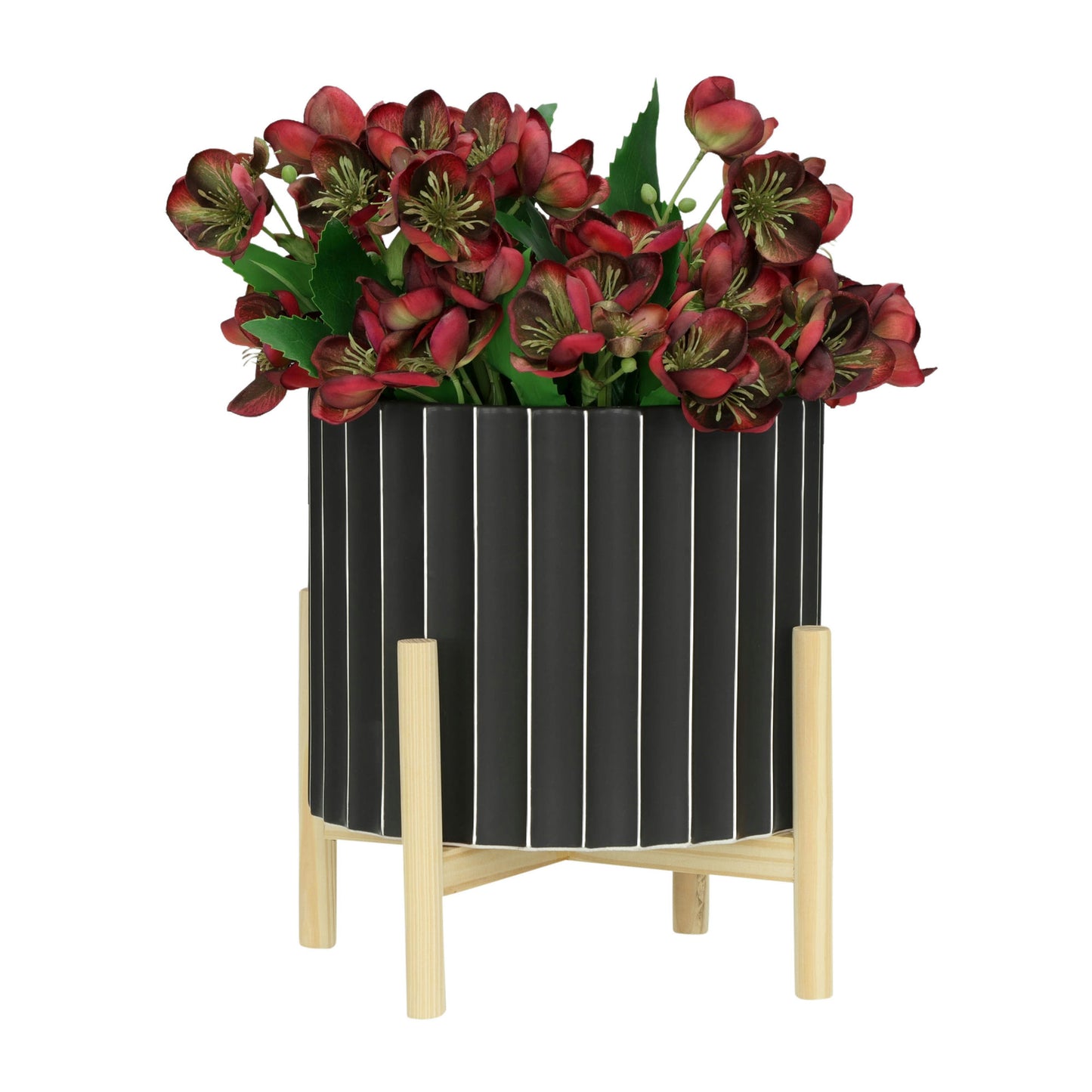 12" Ceramic Fluted Planter W/ Wood Stand, Black