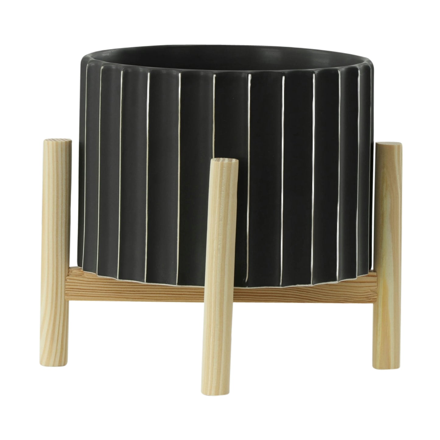 8" Ceramic Fluted Planter W/ Wood Stand, Black