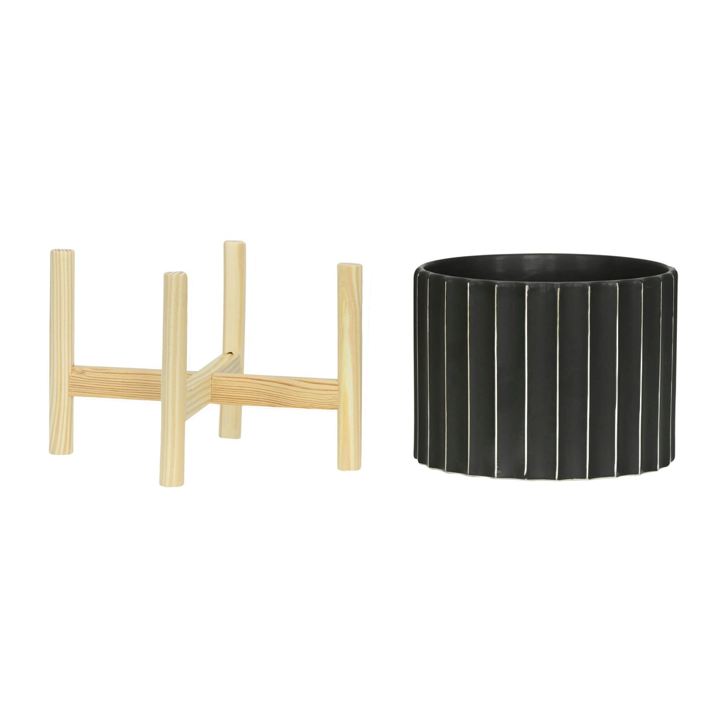 8" Ceramic Fluted Planter W/ Wood Stand, Black
