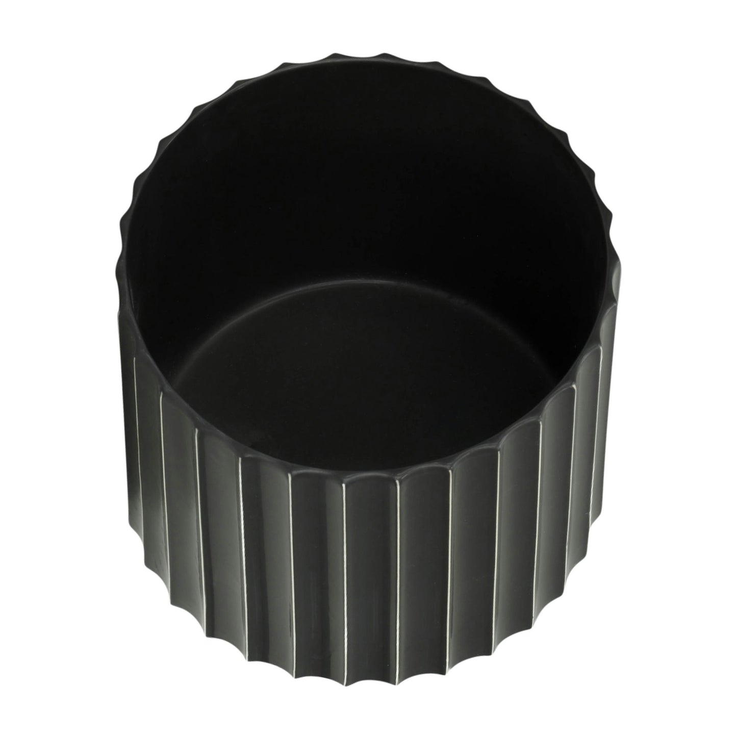 8" Ceramic Fluted Planter W/ Wood Stand, Black