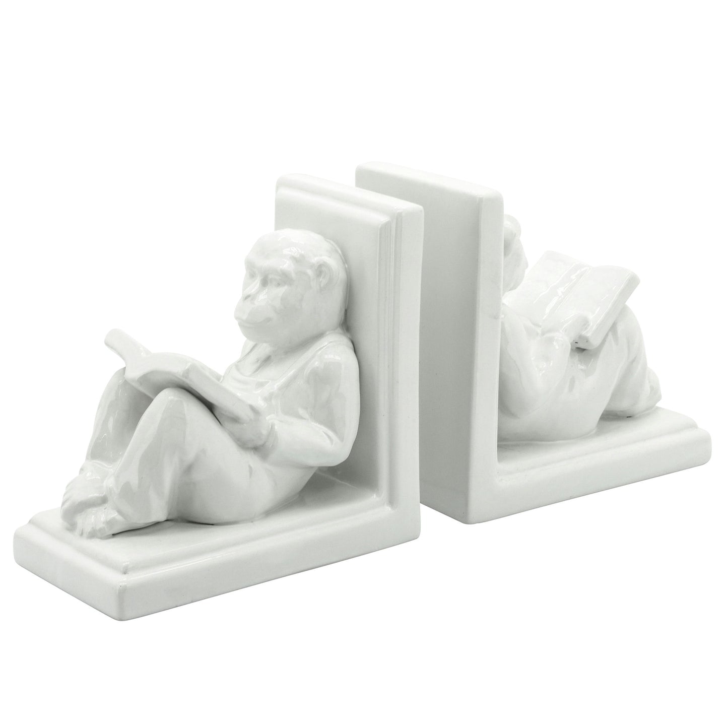 S/2 Ceramic 7"h Reading Monkey Bookends, White