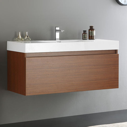 Fresca Mezzo 48" Teak Wall Hung Modern Bathroom Cabinet With Integrated Sink