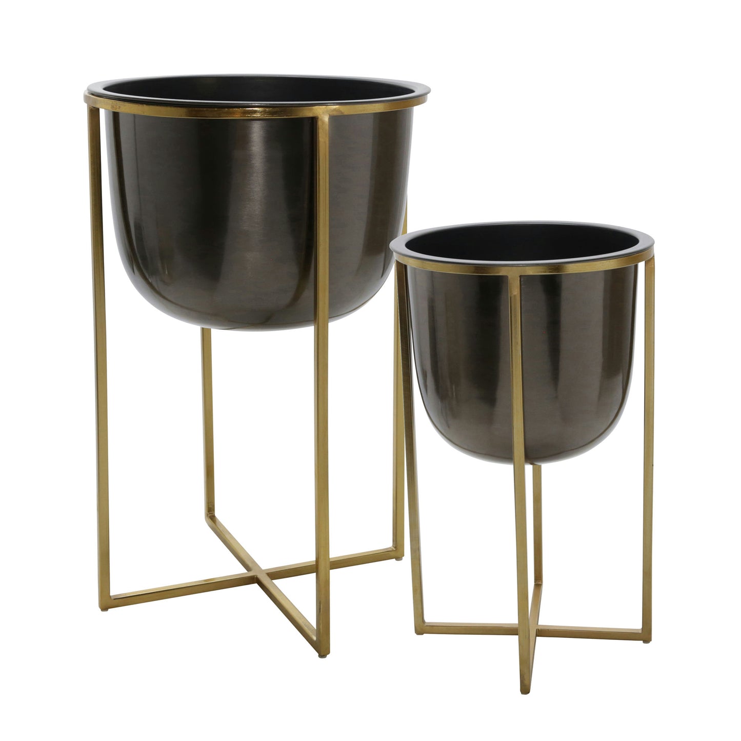 S/2 Metal 25/21" Planter W/ Stand, Gunmetal/gold