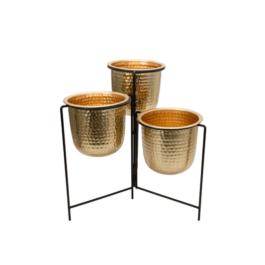 Metal 20" S/3 Hammered Planters W/ Stand, Gold