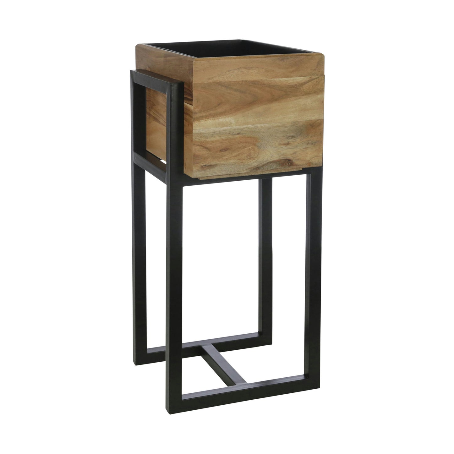 Wood 14" Square Planter On Metal Base, Brown/black