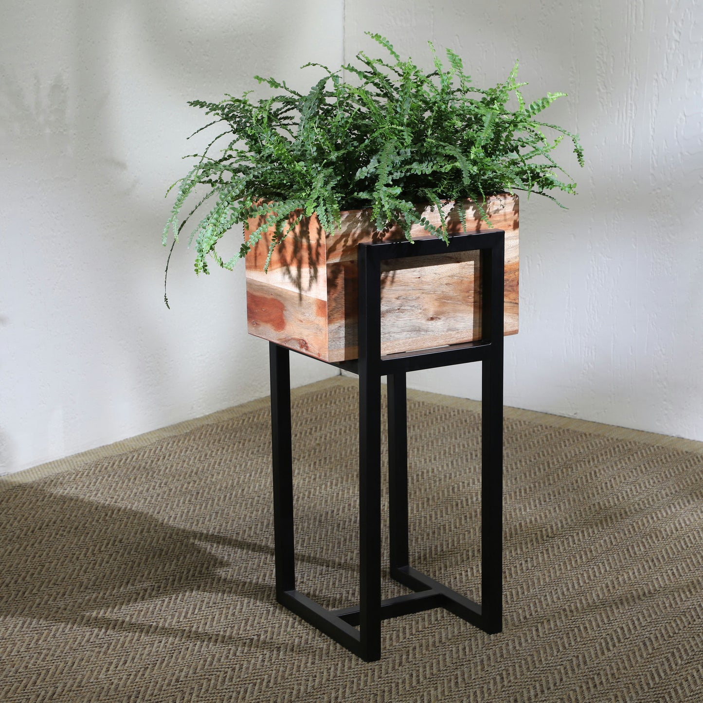 Wood 14" Square Planter On Metal Base, Brown/black